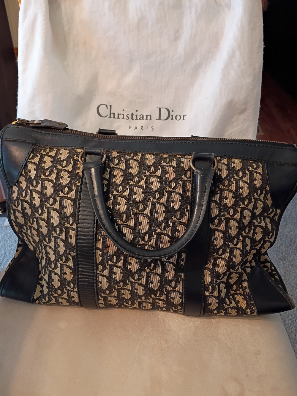 Authentic Dior Black Leather Satchel with Beige Interior With Dust Bag